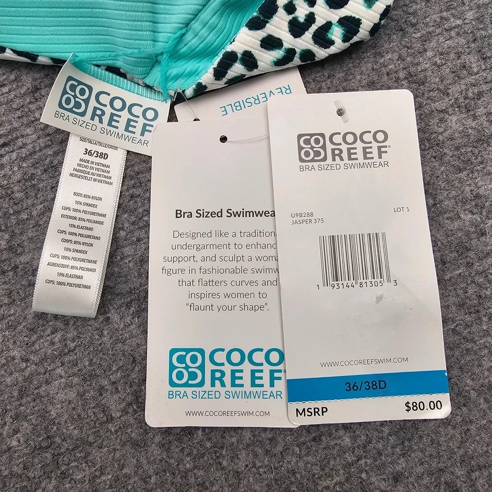 Coco Reef Underwire Bikini Women 36/38D Teal Leopard Reversible Ribbed Swim Top